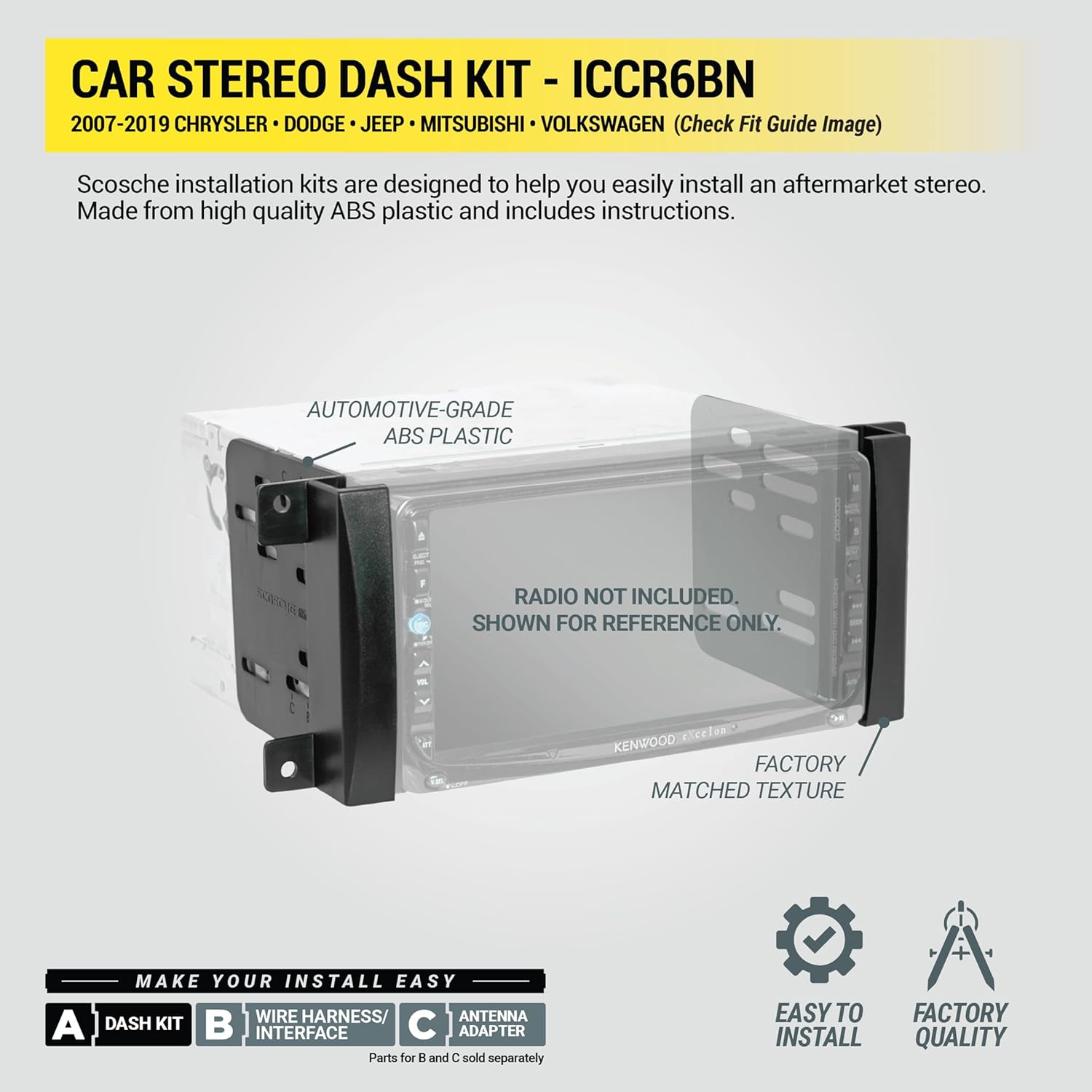 Scosche ICCR6BN Double DIN Radio Installation Dash Kit Compatible 2007-2019 Chrysler, Dodge, Jeep and RAM Vehicles